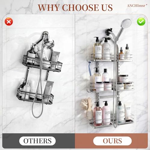 Adjustable Hanging Shower Caddy for Handheld Showerhead, 3-Tier Rustproof Shower Rack Baskets, Anti-Swing Hanging Shower Organizer for Bathroom Storage with 2 S-Hooks, Large Capacity, Silver - color: 3-Tier Silver