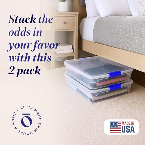 HOMZ 2-Pack Under Bed Storage, Clear Plastic Containers with Lids, 56 Quart, Blue Latch - Stackable Underbed Organizer Bins for Shoes, Bags, Clothes, and Towels - color: Blue, size: 56 Quart