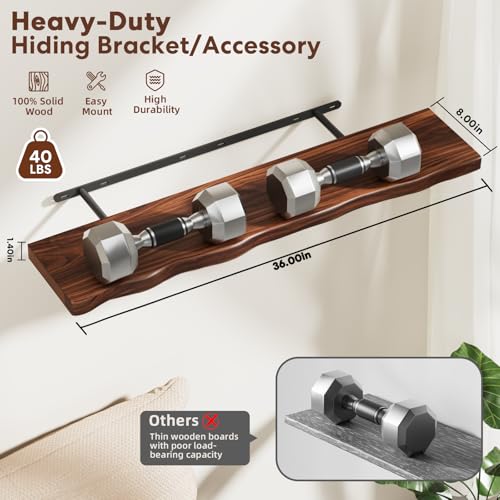 Floating Shelves for Wall Rustic Farmhouse 36 Inch Floating Shelf Bathroom Wooden Shelves for Wall Mounted Live Edge Pine Shelf with Unique Natural Grain for Living Room Bedroom Kitchen (Walnut) - color: Walnut, size: 36 inch - 2pcs
