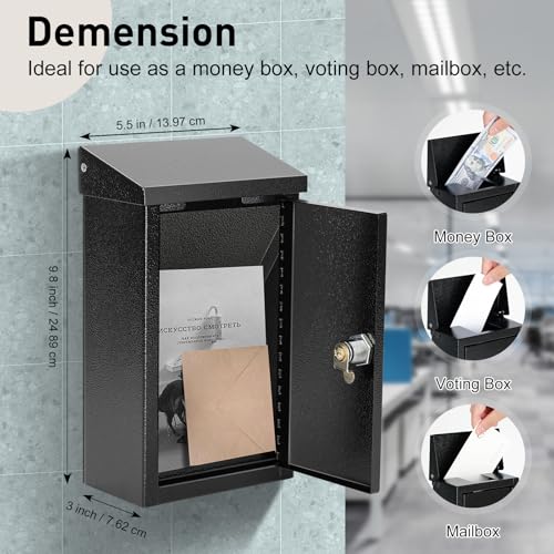 xydled Wall-Mounted Key Drop Box with Key Lock, Metal Mailbox, Indoor& Outdoor Storage Box, Hanging Secured Postbox, for Home & Business Use, 5.5X 3.0X 9.8 inch, Black - style: Key Lock