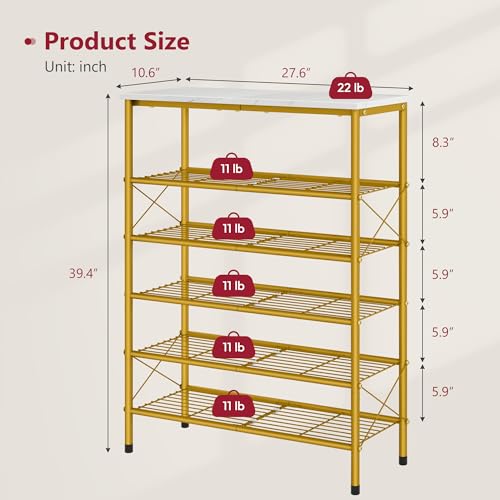 Tajsoon 6 Tier Shoe Rack Organizer for 20-24 Pairs of Shoes, Metal Mesh Shoe Shelf for Closet, Industrial Shoe Rack for Entryway Shoe Storage with X Shape Fixed Frame, White & Gold - color: White & Gold, size: 6-Tier