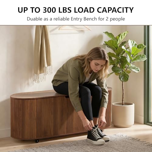 Fluted Storage Bench with 4 Wheels, 43.3” Oval Storage Chest with Safety Hinges, Modern Wooden End of Bed Bench, Large Storage Trunk Toy Chest with Lift Top for Entryway Bedroom Living Room, Walnut - color: Walnut