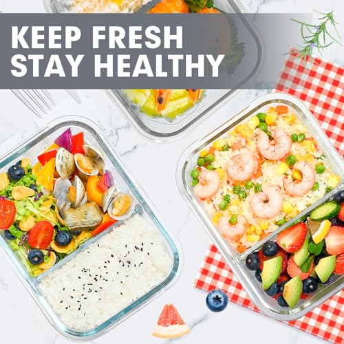 VERONES 5 Pack Glass Meal Prep Containers 2 Compartment Set, 36OZ Airtight Glass Lunch Containers, Glass Food Storage Containers with Lids, for Microwave, Oven, Freezer & Dishwasher Friendly,Grey - color: Grey