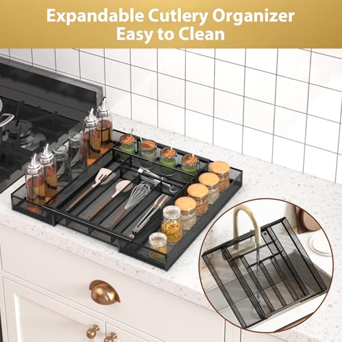 Sedegn Silverware Organizer Metal Mesh, Large Drawer Organizer, Utensil Cutlery Tray for kitchen drawers, Expandable Flatware Organizer with 8 Compartment Black 11.6"~20" x 17.3" - color: Black, size: Expandable 11.6"~20" x 17.3"