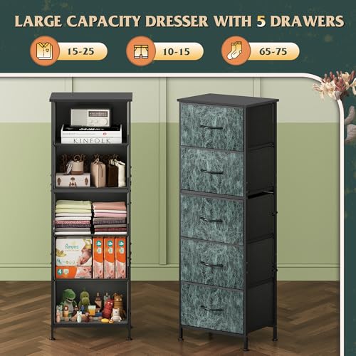 WLIVE Fabric Dresser, 5-Drawer Tall Dressers for Bedroom, Storage Dresser Organizer with Fabric Bins, Wood Top, Sturdy Steel Frame, Chest of Drawers for Closet, Hallway, Vintage Green - color: Turquoise