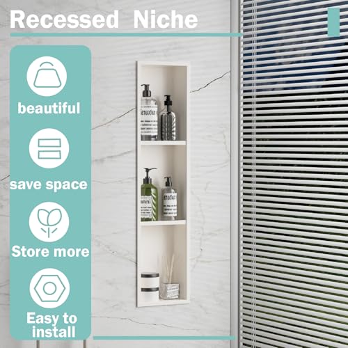 Narrow Shower Niche with Shelf，Stainless Steel recessed Wall Niche ，Three-Tier Shelves with Bathroom Storage/Remodel， Matte White （ 8"x 36"） - color: White, size: 36 * 8 in