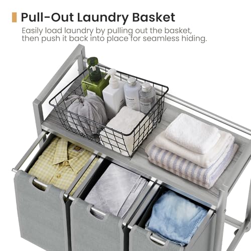 SwaaVee Laundry Hamper, Laundry Basket, Laundry Sorter with 3 Removable Bags, Clothes Basket with 3 Compartments, Wheels, Shelf for Laundry Room Bathroom Bedroom (3 Bags-Gray) - color: 3 Bags-Gray