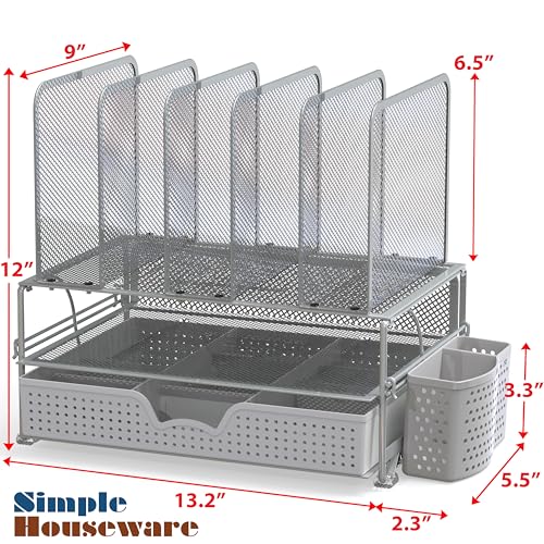 Simple Houseware Mesh Desk Organizer with Sliding Drawer, Double Tray and 5 Upright Sections, Silver - color: Silver
