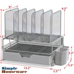 Simple Houseware Mesh Desk Organizer with Sliding Drawer, Double Tray and 5 Upright Sections, Silver - color: Silver