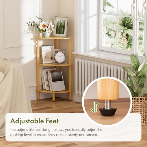 3 Tier Bamboo Corner Shelf, Storage Stand with Adjustable Feet, Small Space Corner Bookcase, Outdoor Plant Stand, Space-Saving Organizer for Bathroom Kitchen Living Room - size: 3 Tier