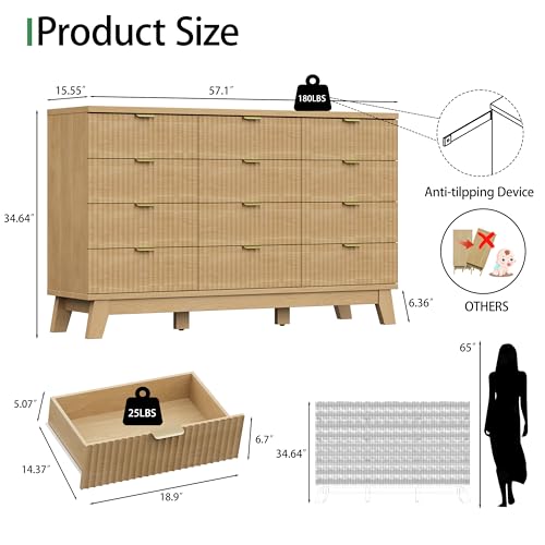 Fluted Dresser for Bedroom with 12 Drawers, 57" Wide Modern Chest of Drawers with Metal Handle, Wooden Dresser TV Stand, Wood Closet Clothes Storage Organizer for Living Room, Hallway, Natural Oak - color: Natural Oak, size: 15.6"D x 57.1"W x 34.7"H (12 D