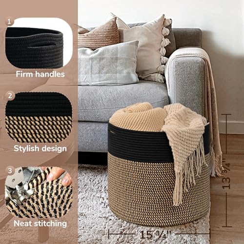 Goodpick Woven Rope Storage Basket, Blanket Basket for Towel, Shoe, Clothes, Large Toy Storage for Playroom, Living Room, Nursery, Toy Bin, Black - color: Black & Mix Jute, size: 15.8x15.8x13.8 Inch (Pack of 1)