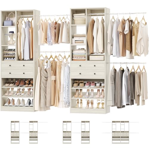 Besiost Closet System, Up to 134"/11.2 FT Closet Organizer with 4 Wooden Drawers and Shelves, Walk-in Closet System with 6 Hanging Rods, Built-in Closet Can Fit 96"/8FT, 120"/10FT, Greige Oak - color: Greige Oak, size: Style A: 77.6"—134"(W)