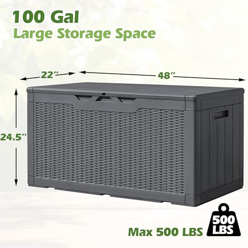 Greesum 100 Gallon Resin Deck Box Large Outdoor Storage, Imitation Rattan Weave Texture for Patio Furniture, Garden Tools, Pool Supplies, Weatherproof and UV Resistant, Lockable, Gray - color: Gray, size: 100 Gallon