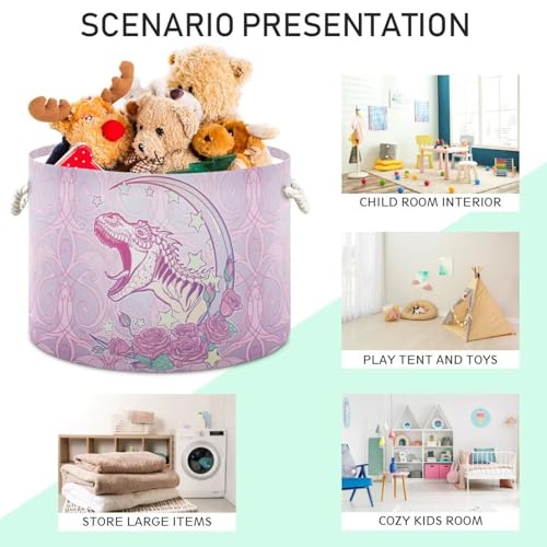 Pink Dinosaur Print Round Storage Basket Vintage Dinosaur Rose Large Laundry Hamper 20 x 20 x 14 Inches Organizer Bin with Cotton Rope Handles Clothes Storage Bag for Nursery Bedroom Living Room Decor - color: Pink Purple