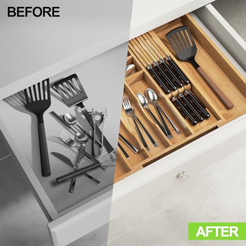 Bamboo Kitchen Drawer Organizer, Expandable Silverware Organizer with Removable Knife Block, 6-8 Slots- Utensil Holder & Cutlery Tray Drawer Dividers, 2.36" Deep for Extra Capacity, Natural - color: Natural