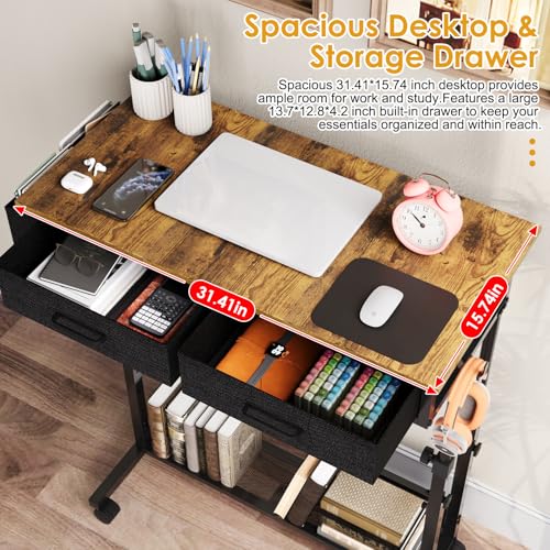 Small Rolling Standing Desk, Height Adjustable Mobile Sturdy Desk with 2 Fabric Drawers & Storage Shelf, Portable Sofa Side Laptop Table for Home Office, Small Spaces, 31.41" x 15.74", Rustic Brown