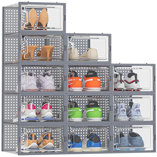 HOMIDEC Shoe Storage, 12 Pack Shoe Organizer for Closet, Shoe Boxes Clear Plastic Stackable Shoe Containers with Lids for Size 10 - color: Grey, size: L