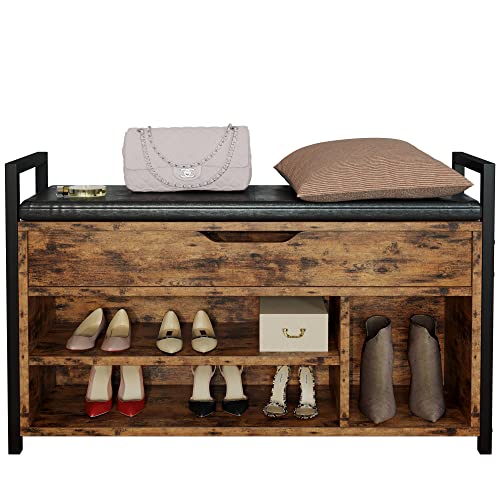 IRONCK Shoe Storage Bench, Entryway Bench with Lift Top Storage Box, Metal and Board Bench for Entryway, Two Tier Shoe Rack Organizer for Entryway, Hallway, Industrial, Vintage Brown - size: 35.4" W