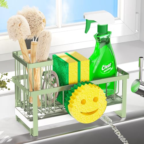 Sponge Holder for Kitchen Sink,Sink Caddy with Removable Dish Brush Holder,Self-Draining Kitchen Countertop Organizers and Storage Essentials,Soap Dispenser Organize and Home Decor-Green - color: 1 Tier Green-Tray