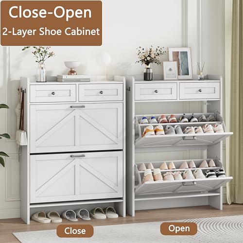 Shoe Cabinet with 2 Flip Drawers & 2 Top Drawers, 43" Tall Freestanding Narrow Wooden Shoe Storage Organizer for Entryway, Hidden Slim Shoe Rack for Front Door Entrance, Hallway, Living Room, White - color: White, size: 2 Flip Drawers