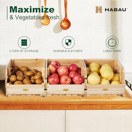 HABAU Wood Potato Onion Storage Bins - Wooden Stackable Produce Basket - Fruit Vegetable Storage for Kitchen Pantry Organization, Set 3 Pieces - color: Natural