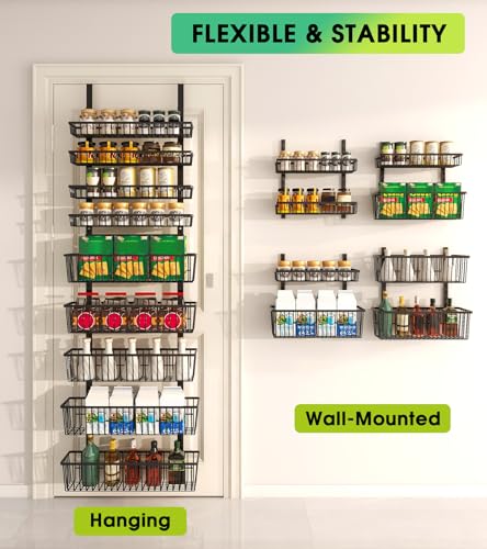 Mefirt 9-Tier Over The Door Pantry Organizer, Pantry Storage and Organization, Black Metal Hanging Spice Rack Seasoning Shelves Door, Wall Mount for Home & Kitchen, Laundry Room Bathroom Organization - color: Black, size: 9-Tier (16.54"W)