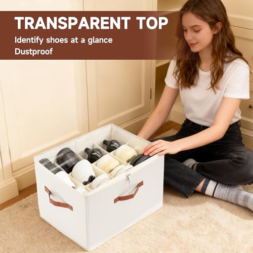 2-Pack Shoe Organizer for Closet, Foldable Shoe Storage Container with Adjustable Dividers & Clear Lid, Holds Up to 12 Pairs, Space-Saving Shoe Boxes, White - size: Medium