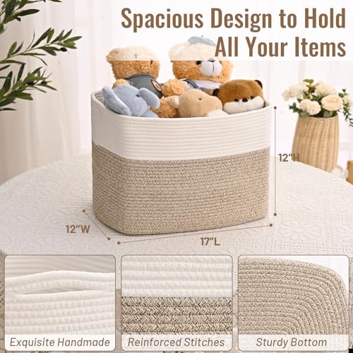 3 Pack Cube Storage Bin, 17”x12”x12” Cotton Rope Woven Baskets for Organizing Toys Clothes Towels, Square Gift Storage Baskets for Shelves, Nursery, Closet, Bathroom, Pantry (White & Jute) - color: White & Jute, size: 17" x 12" x 12"