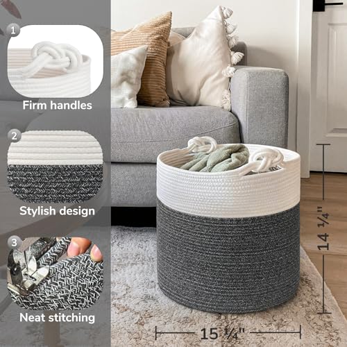 Goodpick Baby Storage Basket, Cotton Rope Laundry Basket for Blankets, Clothes 15 x 14.2 Inches, Nursery Woven Storage Organizing for Toys, Grey - color: Dark Gray, size: 15 × 14.2 inches