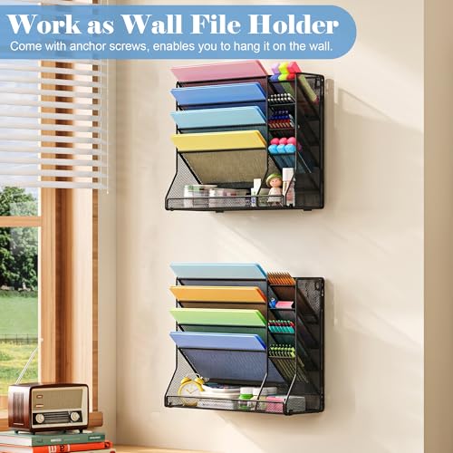 Jakyitvi File Organizer Wall Mounted, 4 Tiers Durable Adjustable Metal Desk Organizer, Desktop Hanging File Holder with 4 Pen Slots Stable, 4 Pull-Out Divider for File, Mail, Black, Patent Pending - size: 5 Tier & Metal
