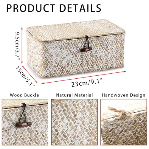 Hipiwe Wicker Shelf Baskets with Lid, Woven Seagrass Storage Basket Bin Rectangular Household Basket Boxes for Shelf Home Organizer and Decor, Whitewash X-Small - color: Whitewash, size: X-Small