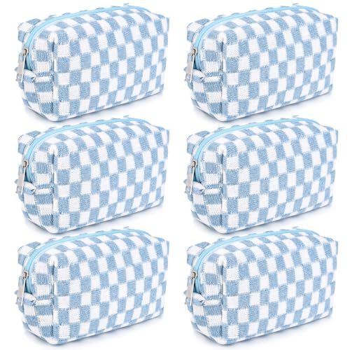 SOIDRAM Checkered Makeup Bag Preppy Cosmetic Bag Bulk Blue Makeup Pouch Personalize Travel Toiletry Bag Organizer Cute DIY Makeup Brushes Storage Bag for Women - color: Light Blue, size: 6 Pack