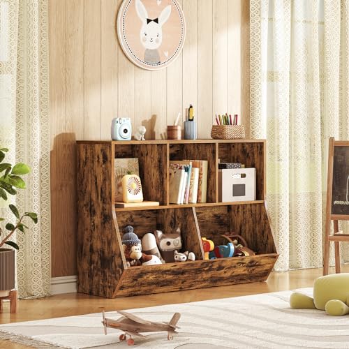 HOOBRO Kids Bookshelf, Bookcase Footboard, Toy Storage Cubby, Children's Toy Shelf, 39.4" L Toy Storage Cabinet, Fit for Children's Room, Playroom, Hallway, Kindergarten, Rustic Brown BF132CW01 - color: Rustic Brown, size: 39.4"L x 11.8"W x 29.5"H
