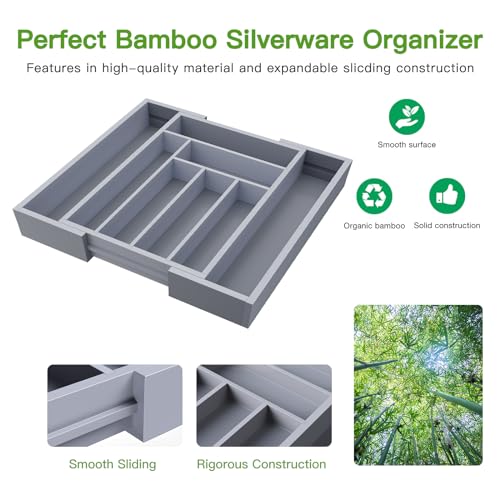 Pipishell Bamboo Expandable Drawer Organizer for Utensils Holder, Adjustable Cutlery Tray, Wood Drawer Dividers Organizer for Silverware, Flatware, Knives in Kitchen, Bedroom, Living Room(M-Grey) - color: Grey, size: Medium