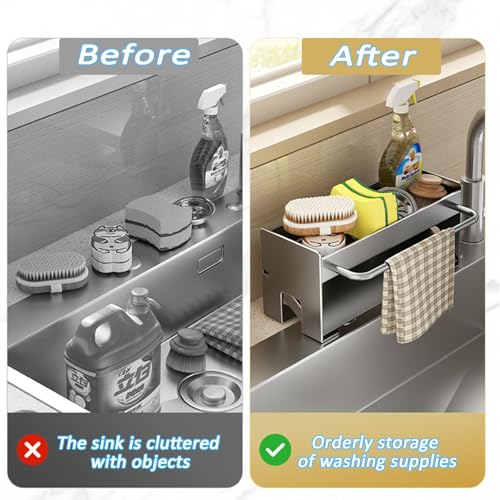 Kitchen Sink Caddy Organizer,Sponge Holder for Kitchen Sink with Drain Board,Stainless Steel - color: Gray