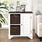 Multifunctional End Table Side Table with a Shutter Style Door and 2 Woven Grass Baskets, Sofa Side Narrow Table, Wood Bedside Nightstand for Living Room Bedroom (White-4.7) - color: White-4.7