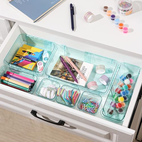 20 Pcs Clear Drawer Organizer, Adjustable Drawer Storage Box, 3-Size Desk Drawer Organizer, Acrylic Storage Bins for Makeup, Kitchen Utensils, Bedroom Dressers Tool Organizer for Gadgets, Blue - color: Blue, size: 20PCS