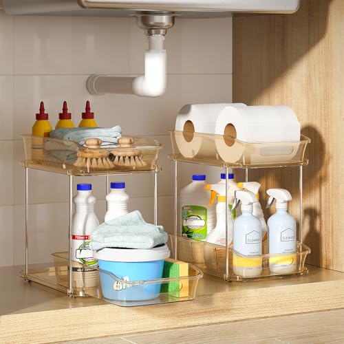 Delamu 2-Tier Under Sink Organizers and Storage, Multi-Purpose Stackable Bathroom Cabinet organizers, Pull Out Kitchen Pantry Organization and Storage with Dividers(3 Pack, Amber) - color: Amber, size: 3 Pack