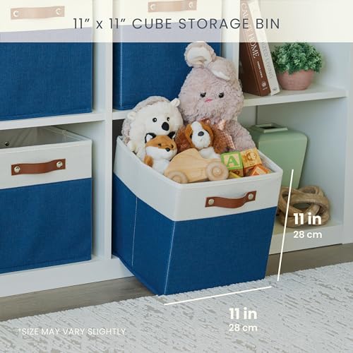 OrganiHaus 11" x 11" x 11" Fabric Cubes Storage Bins Set of 4, Foldable Collapsible Canvas Storage Bins for Organizer, Toy Organizer for Kallax, 11 Inch Linen Cube Shelf Baskets - Navy Blue - color: Navy Blue Base / Off-White, size: (11x11) Leather Handle