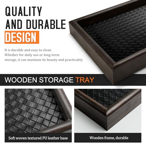 Wooden Valet Tray Desk Organizer with Leather Base,Nightstand, Entryway Bedside Dump Holder for Wallets, Keys, Watches, Jewelry & Sunglasses