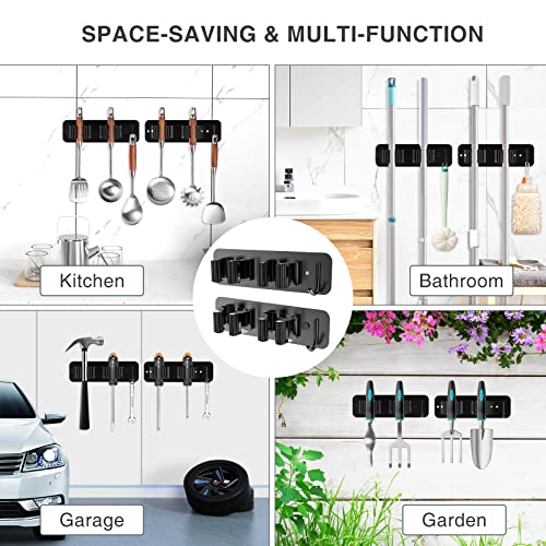 homeasy Wall Mount Mop and Broom Holder, Heavy Duty Stainless Steel Organizer Rack with Hooks | 4-Pack, 2-in-1 No Drill & Screw Installation, Black - color: Black-4