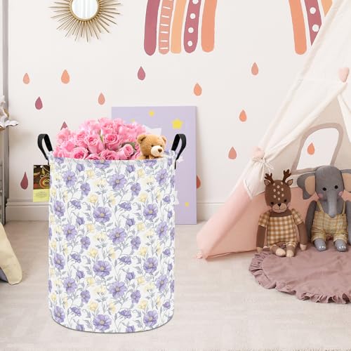 Collapsible Fabric Storage Basket, Waterproof Laundry Hamper with Handles, Round Storage Bin for Clothes Toys, Foldable Organizer for Bedroom Nursery Bathroom(Round-Purple Flowers) - color: Round-Purple Flowers