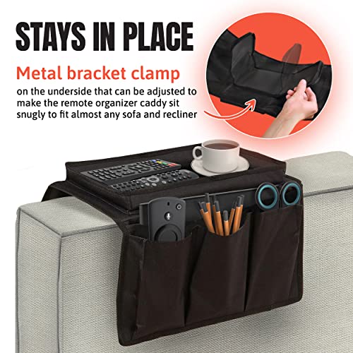 Perfect Life Ideas TV Remote Holder Couch Arm Tray Organizer, 6 Pockets, Black