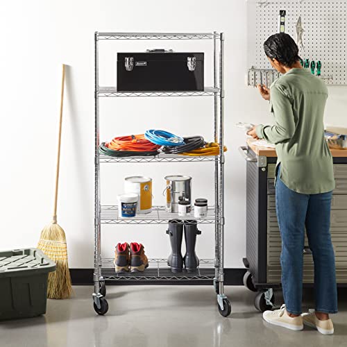 Amazon Basics 5-Shelf Adjustable, Heavy Duty Storage Shelving Unit on 4" Wheel Casters, Easy to Move Portable Wire Shelving, No Tools Needed for Easy Assembly, 30" x 14" x 64.8", Chrome - color: Chrome