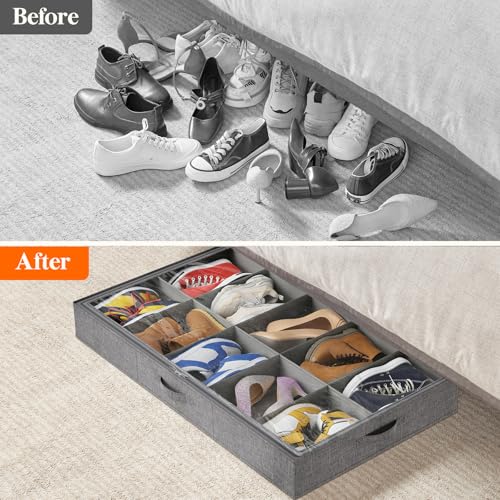Lifewit Under Bed Shoe Storage Organizer Fits 10 Pair Sneakers, 4.3 Inches Tall Sturdy Structure Ultra Thick Fabic Sneaker Storage, Foldable Underbed Shoe Boxes for Heels, Boots, Sports Shoes 2 Pack - size: Large, Extra Large