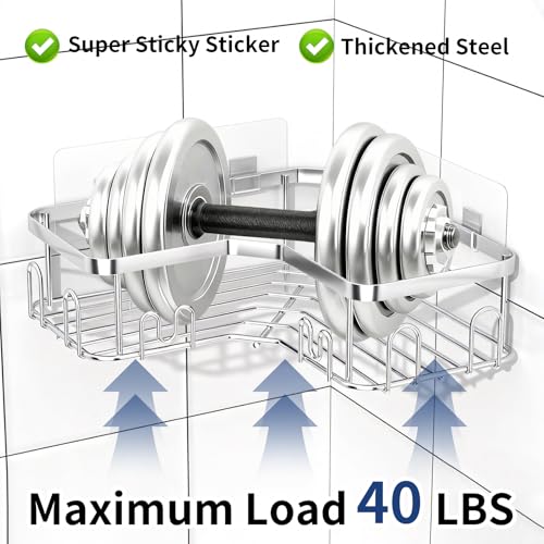 Menbyci 3 Pack Corner Shower Caddy, Adhesive Bathroom Shelves with 18 Hooks, Drill-Free & Quick-Dry Shower Organizer with Large Capacity, Rustproof Stainless Steel Bathroom Corner Storage Rack, Silver - color: Silver, size: 3 packs