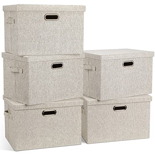 Graciadeco Large 17" 36 Quart Collapsible Stackable Storage Bins with Lids, 5 Packs Beige Linen Fabric Closet Boxes with Lids, Storage Cube Baskets Container Organizers for Bedroom Office(17 x12 x11) - color: Beige, size: Large -5 Pack