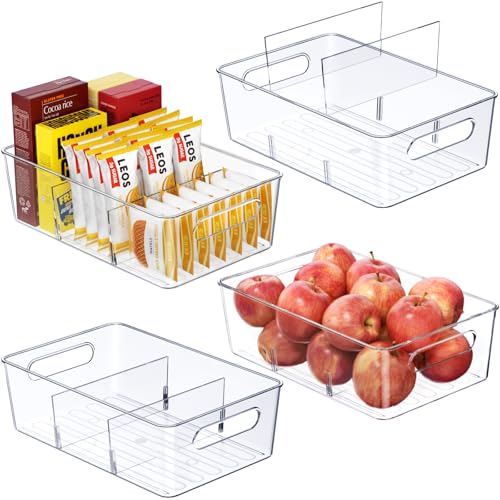 Mpotmiy 4 Pack Clear Pantry Organizers and Storage Bins with Divider, Transparent Plastic Basket, Refrigerator and Fridge Bins - style: 4pack