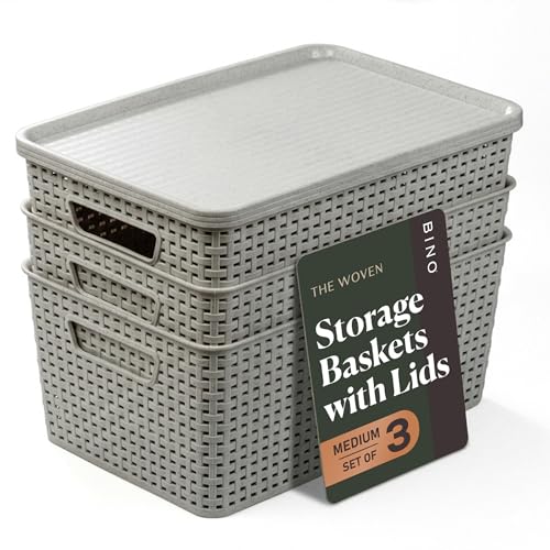 BINO | Plastic Storage Baskets with Lids, 15.5 Liter - 3 Pack, Natural Grey | THE WOVEN COLLECTION | Storage Basket for Shelves | Woven Storage Baskets for Organizing Bins | Pantry Shelf Organizer Bin - color: Natural Grey, size: 13.5L | 3-Pack